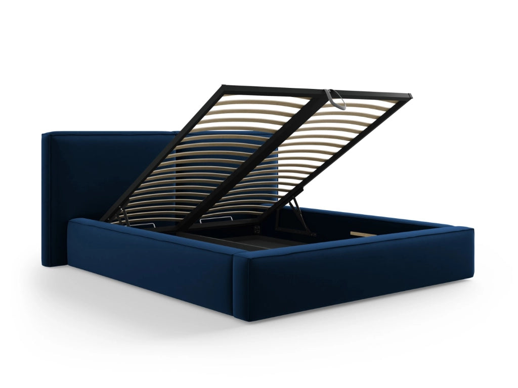 Cosmopolitan Design - Letto a cassettone con testiera doppia "Arendal" 160x200cm in velluto blu reale 