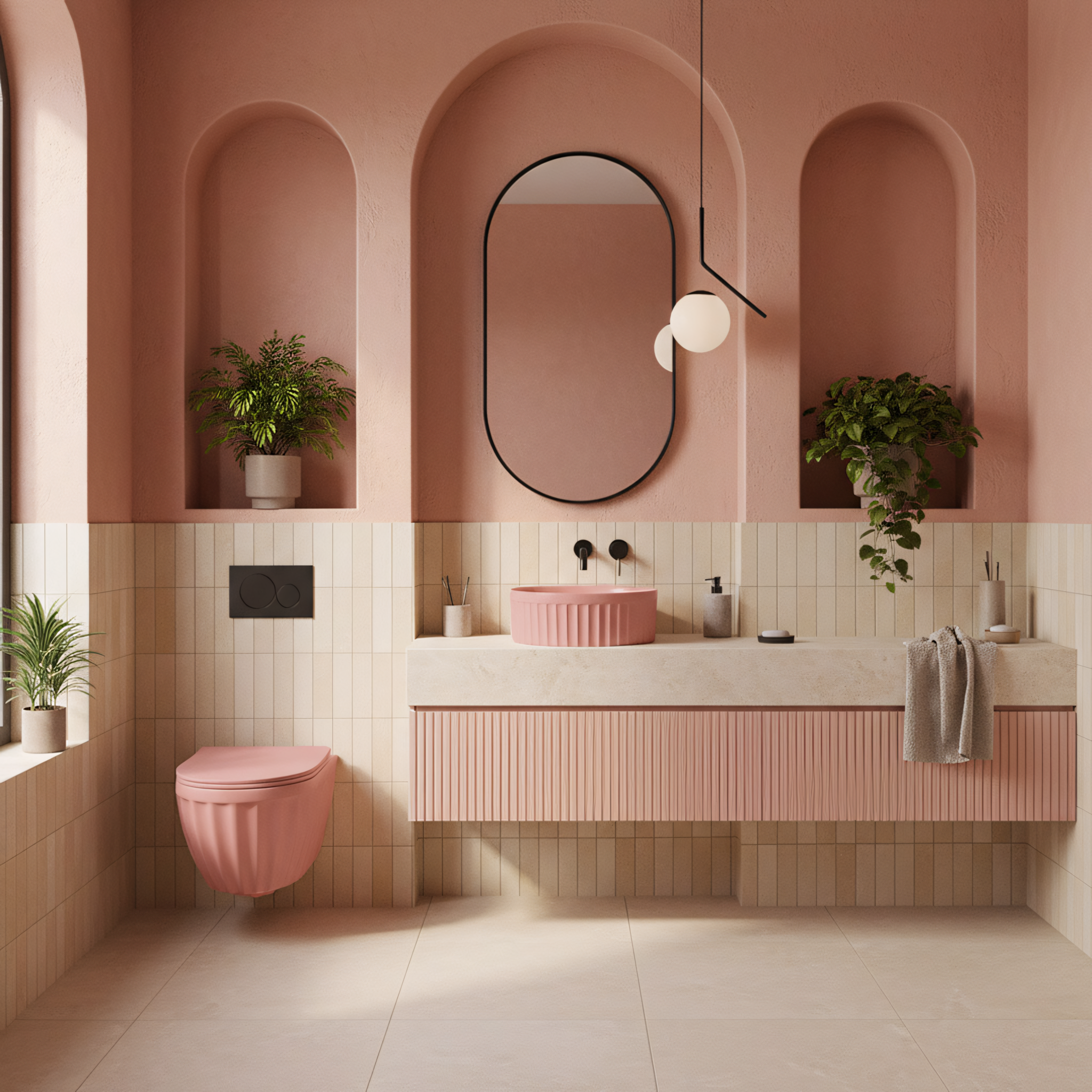 Set: Wc Sospeso + Lavabo Da Appoggio Rea Duo Sweet Pink Matt