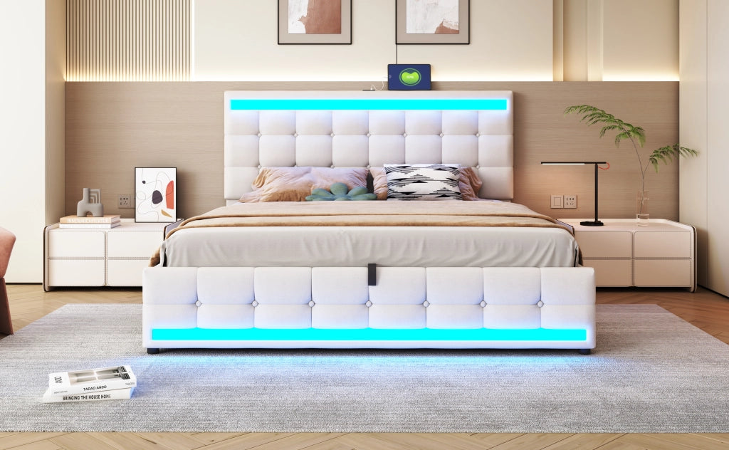 DESMIU Letto Imbottito 180 × 200 cm 2 posti con USB, LED regolabile e testiera regolabile, senza materasso, beige