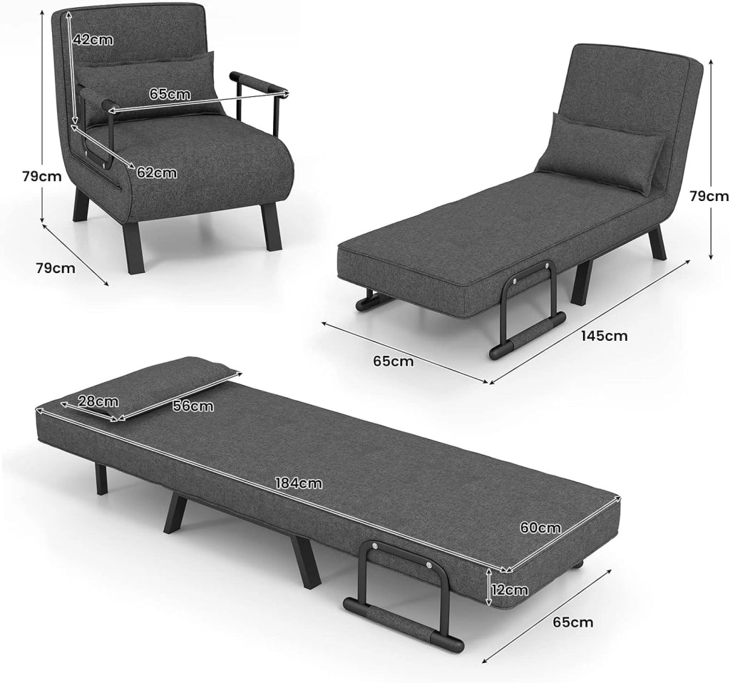 4 in 1 Poltrona Letto Singolo, Poltroncina Pieghevole con Schienale Regolabile in 6 Posizioni, Sedile Imbottito Robusto, Divano Letto per Casa Ufficio, 79x65x79 cm (Grigio scuro)