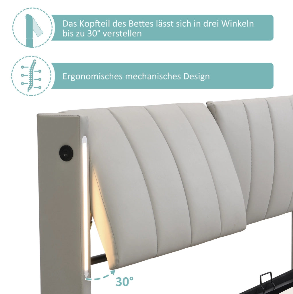 Letto matrimoniale 180x200 cm in PU grigio con LED e USB
