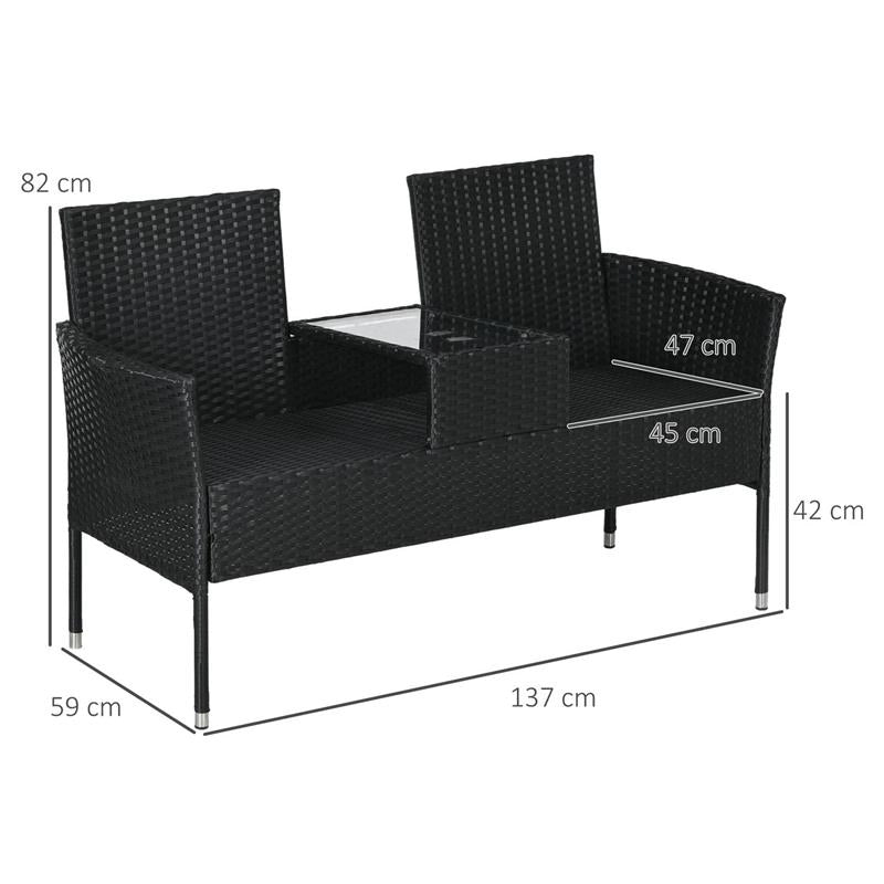 DIVANETTO PER ESTERNI 2 POSTI CON TAVOLINO DA CAFFÈ IN ACCIAIO E RATTAN PE 137X59X82 CM NERO