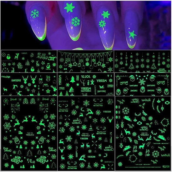 Set di 9 Sticker per unghie a tema natalizio, effetto luminoso 3D, adesivi autoattacchi per decorazione DIY e effetto luce emessa.
