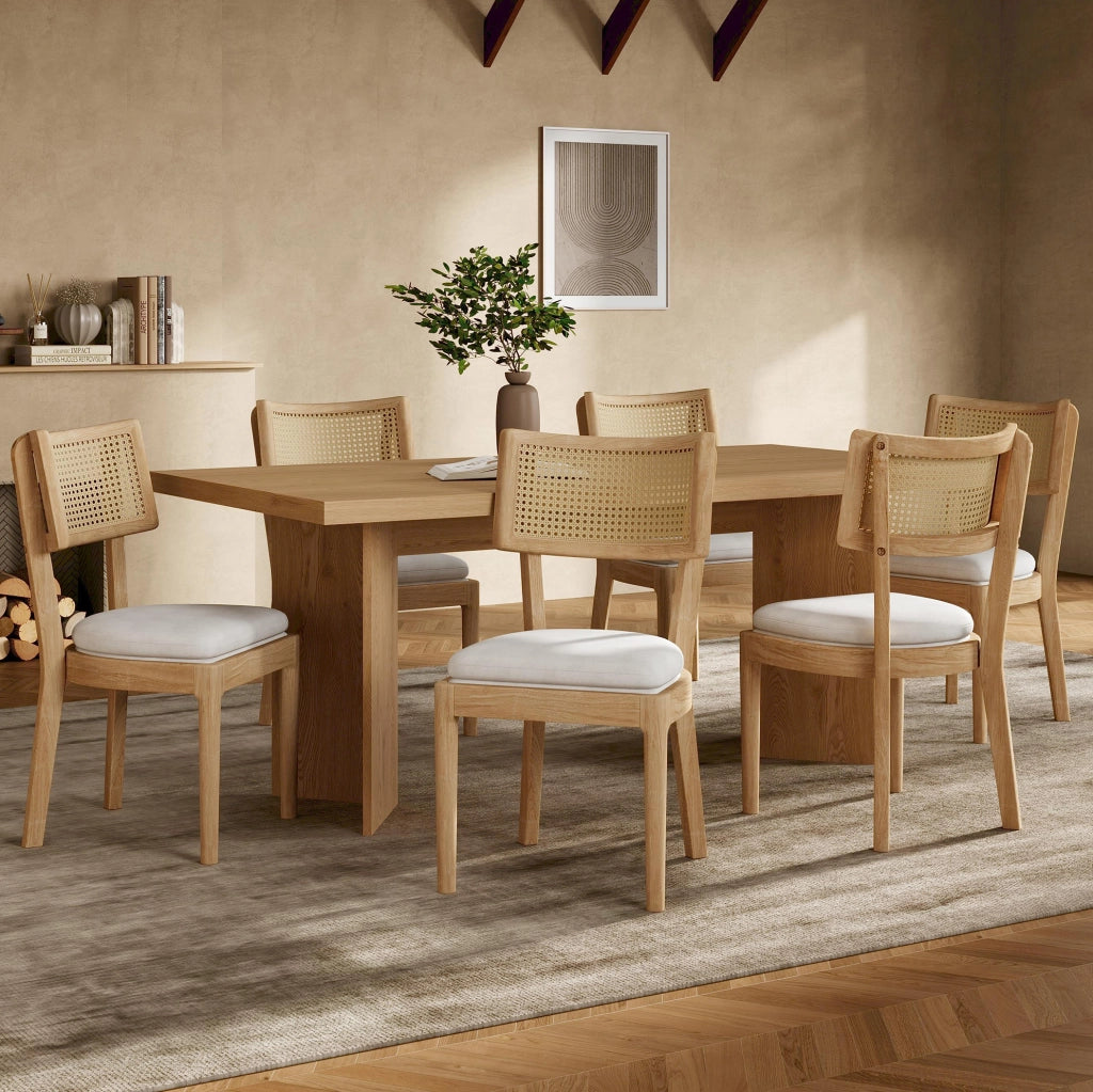 Set 2 sedie da pranzo in legno massello con schienale in rattan e cuscino in lino; color legno