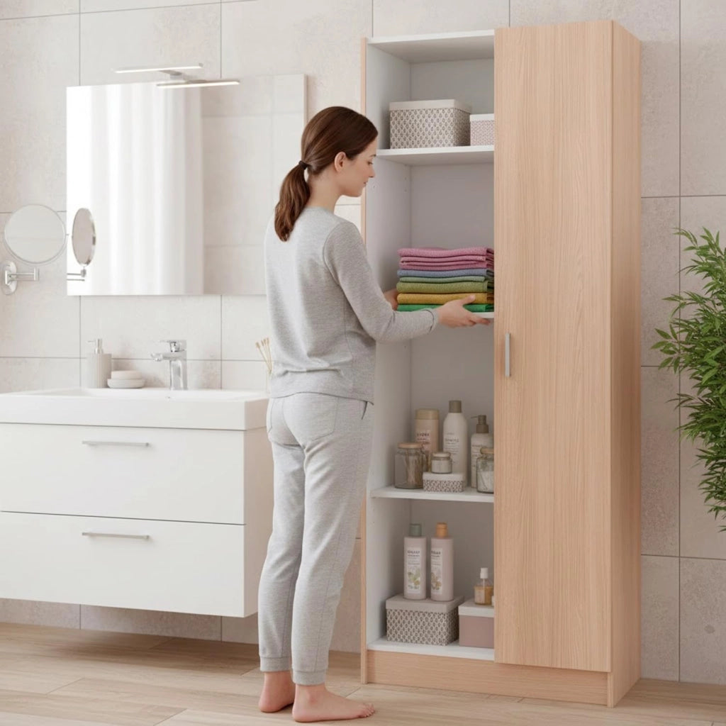 Armadio Multiuso A 2 Ante E 8 Ripiani Regolabili Mobile Armadietto Salvaspazio Per Bagno Lavanderia Ingresso Camera Da Letto Struttura Compatta E Capiente 180 x 59 x 37 Cm Colore Rovere