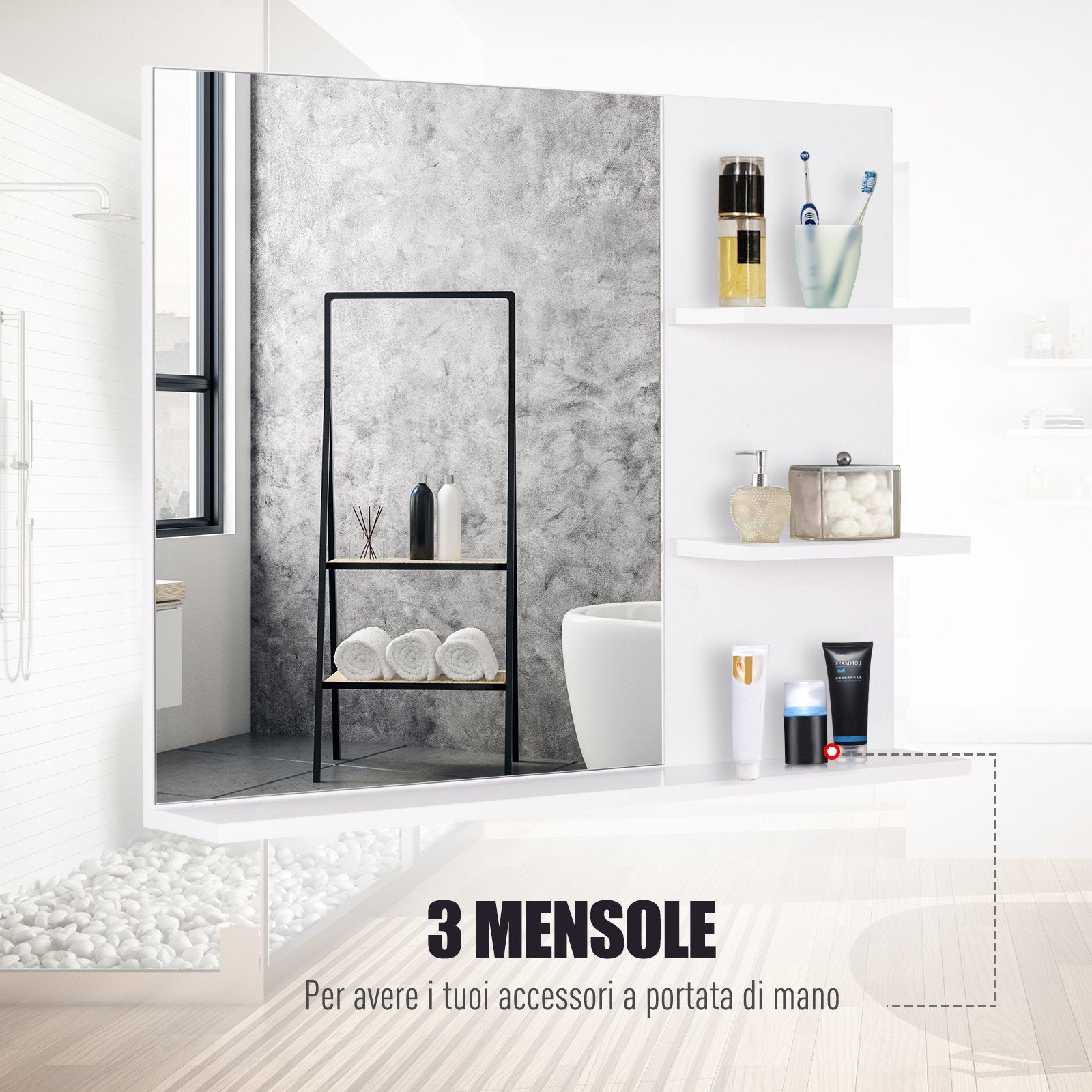 Easycomfort Mobiletto Pensile Bagno 60 x 10 x 48cm, con Specchio e 3 Ripiani, Armadietto a Parete in MDF Bianco