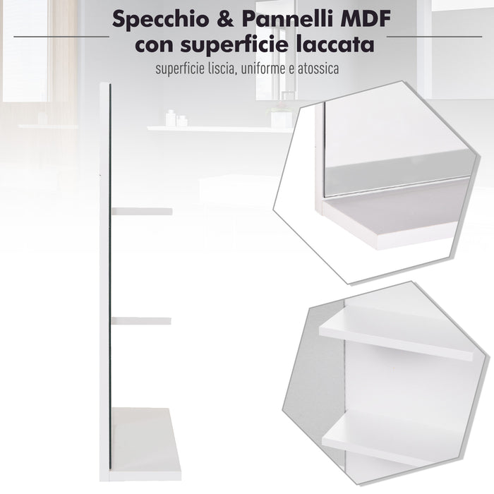 Easycomfort Mobiletto Pensile Bagno 60 x 10 x 48cm, con Specchio e 3 Ripiani, Armadietto a Parete in MDF Bianco