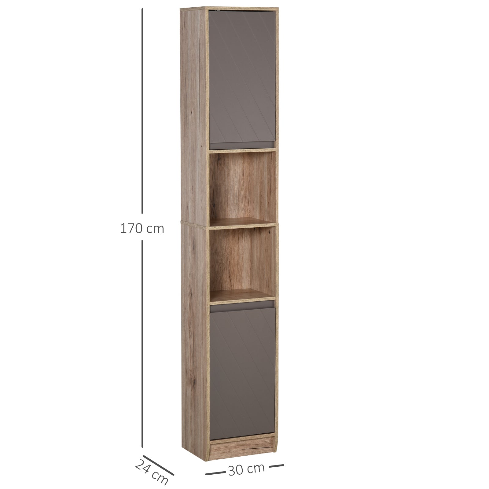 Easycomfort Mobiletto Salvaspazio per Bagno in Legno, Mobile da Bagno con 2 Armadietti e 6 Ripiani, Grigio e Rovere, Design a Torre 30 x 24 x 170cm