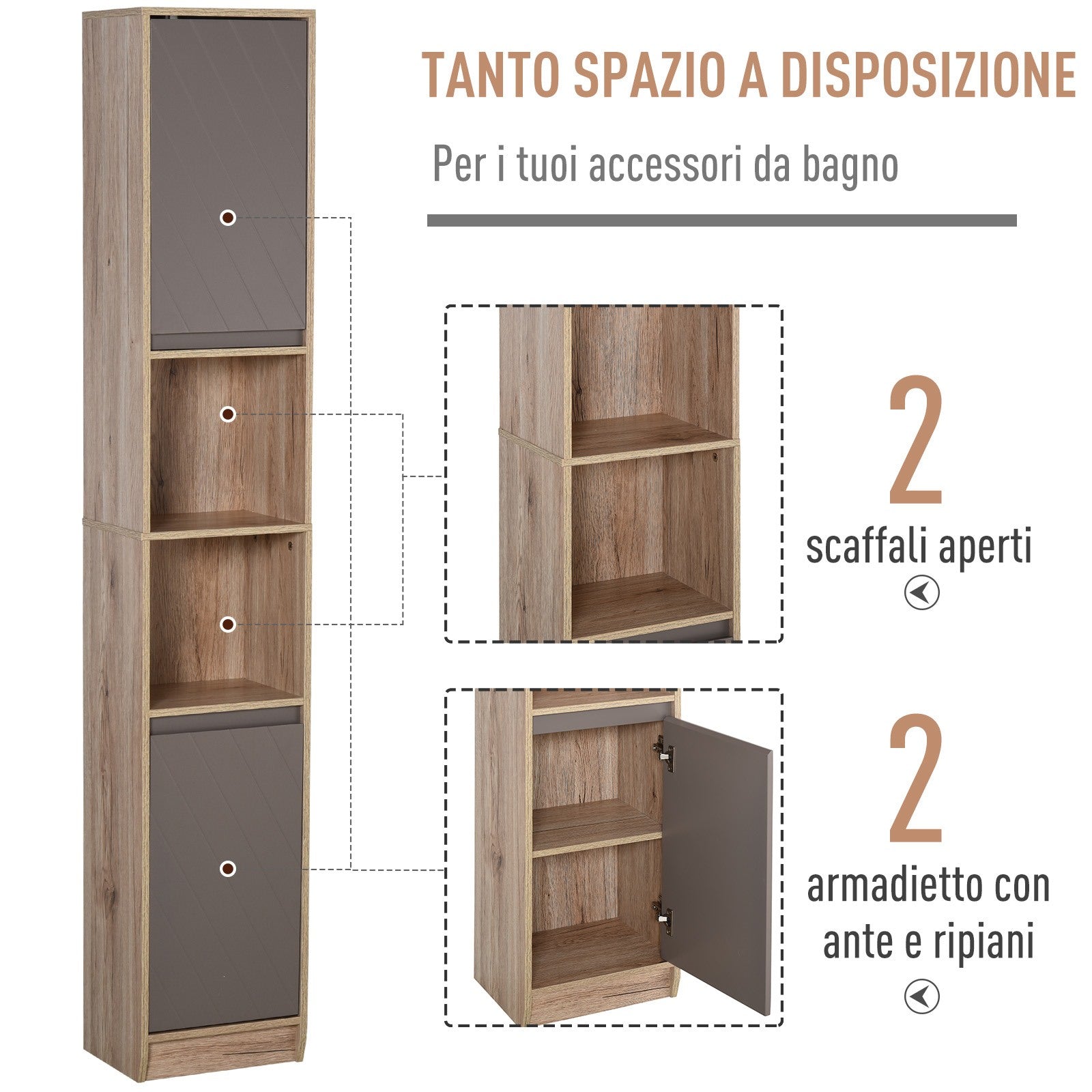 Easycomfort Mobiletto Salvaspazio per Bagno in Legno, Mobile da Bagno con 2 Armadietti e 6 Ripiani, Grigio e Rovere, Design a Torre 30 x 24 x 170cm