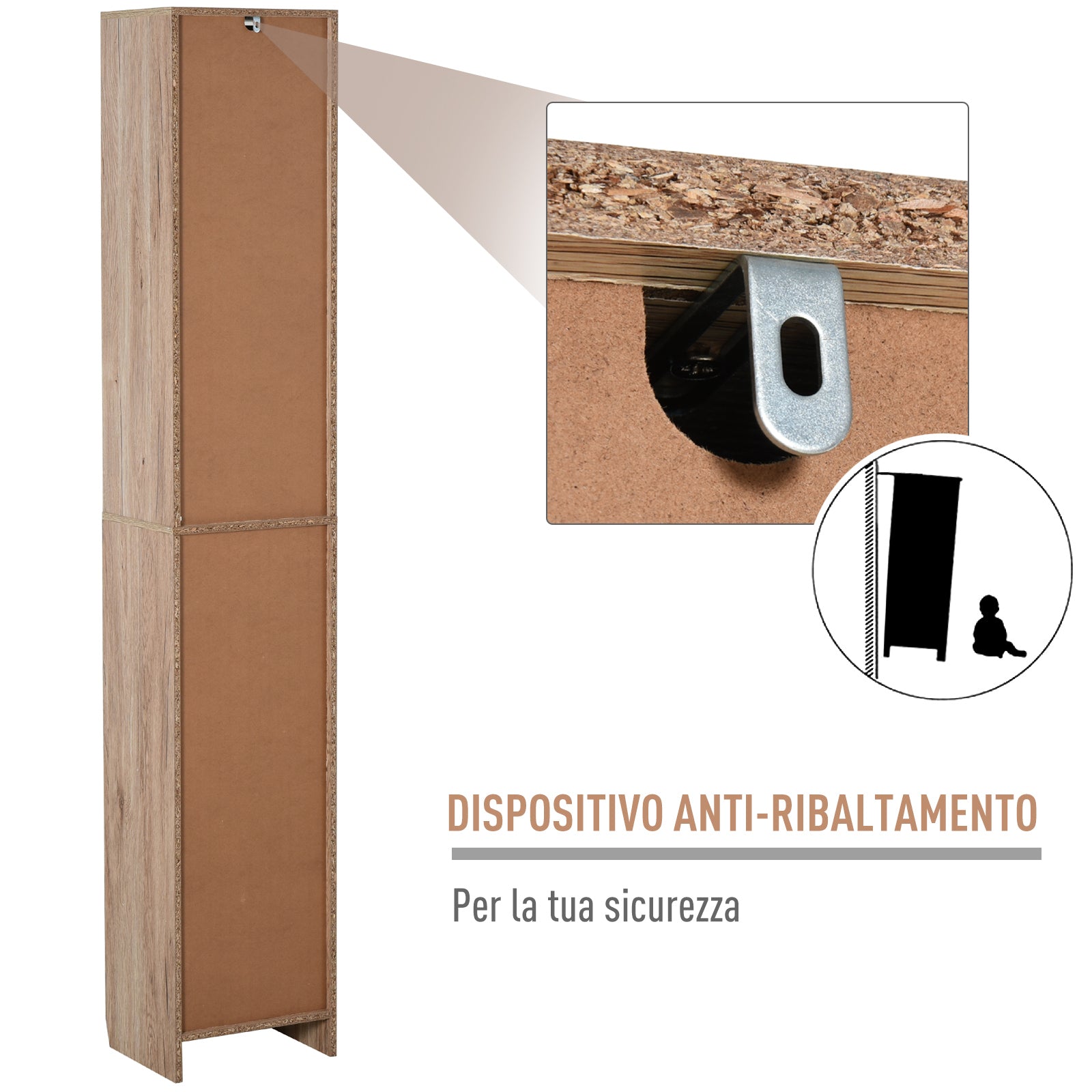 Easycomfort Mobiletto Salvaspazio per Bagno in Legno, Mobile da Bagno con 2 Armadietti e 6 Ripiani, Grigio e Rovere, Design a Torre 30 x 24 x 170cm