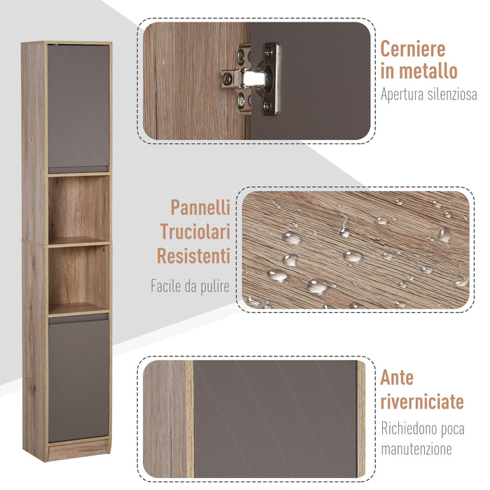 Easycomfort Mobiletto Salvaspazio per Bagno in Legno, Mobile da Bagno con 2 Armadietti e 6 Ripiani, Grigio e Rovere, Design a Torre 30 x 24 x 170cm
