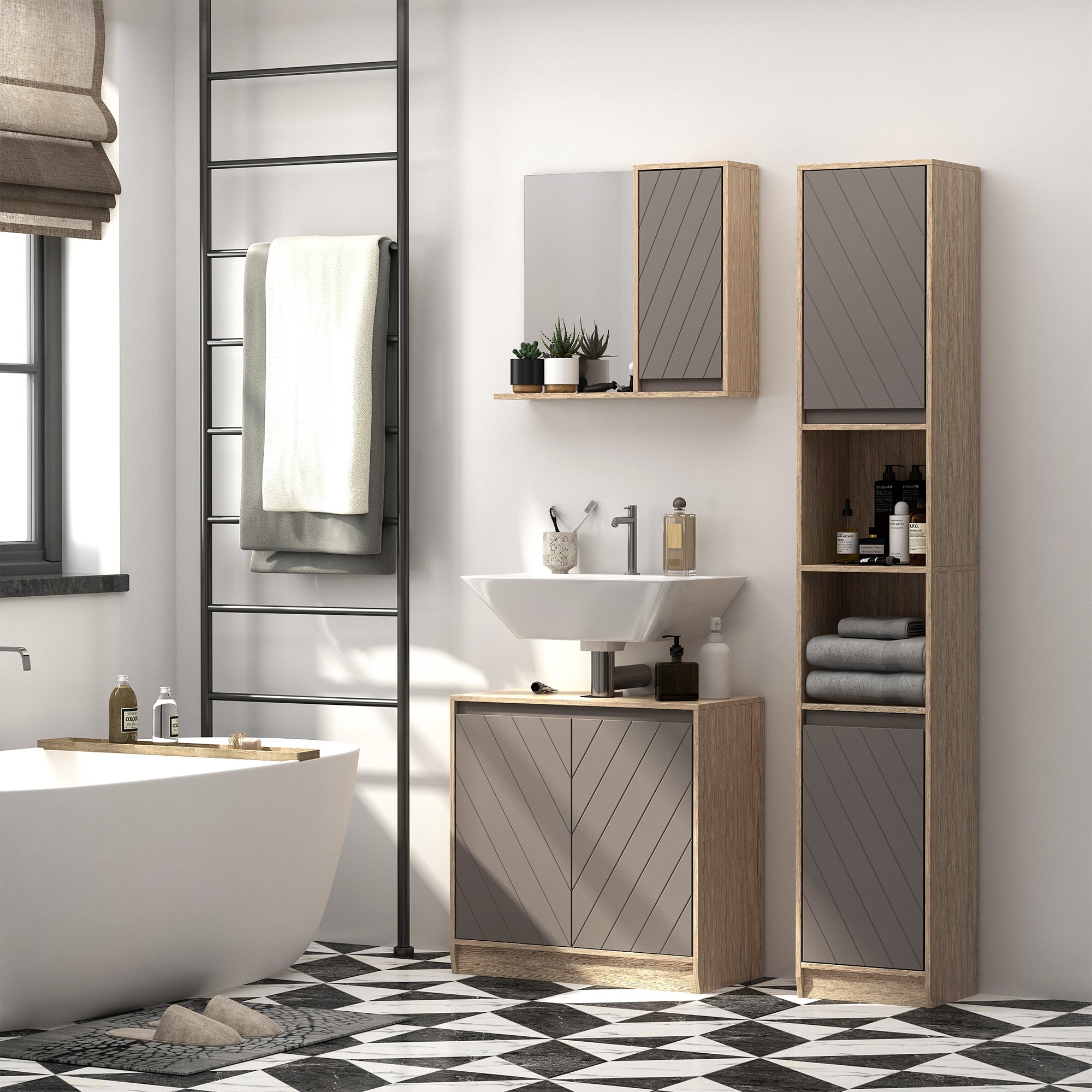 Easycomfort Armadietto Pensile per il Bagno con Mensola e 2 Ripiani, Installazione a Parete, Grigio e Rovere, 57 x 14.2 x 49.2cm