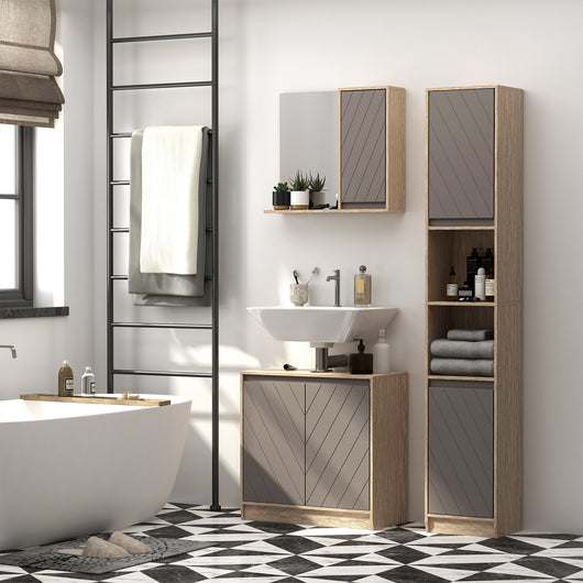 Easycomfort Armadietto Pensile per il Bagno con Mensola e 2 Ripiani, Installazione a Parete, Grigio e Rovere, 57 x 14.2 x 49.2cm