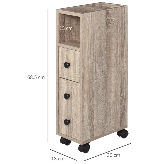 Easycomfort Armadietto da Bagno a Colonna, Mobile Bagno con 4 Ruote, 1 Cassetto 1 Armadietto con Anta 2 Armadietti Aperti, Color Rovere, 18x30x68.5 cm