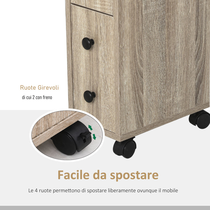 Easycomfort Armadietto da Bagno a Colonna, Mobile Bagno con 4 Ruote, 1 Cassetto 1 Armadietto con Anta 2 Armadietti Aperti, Color Rovere, 18x30x68.5 cm