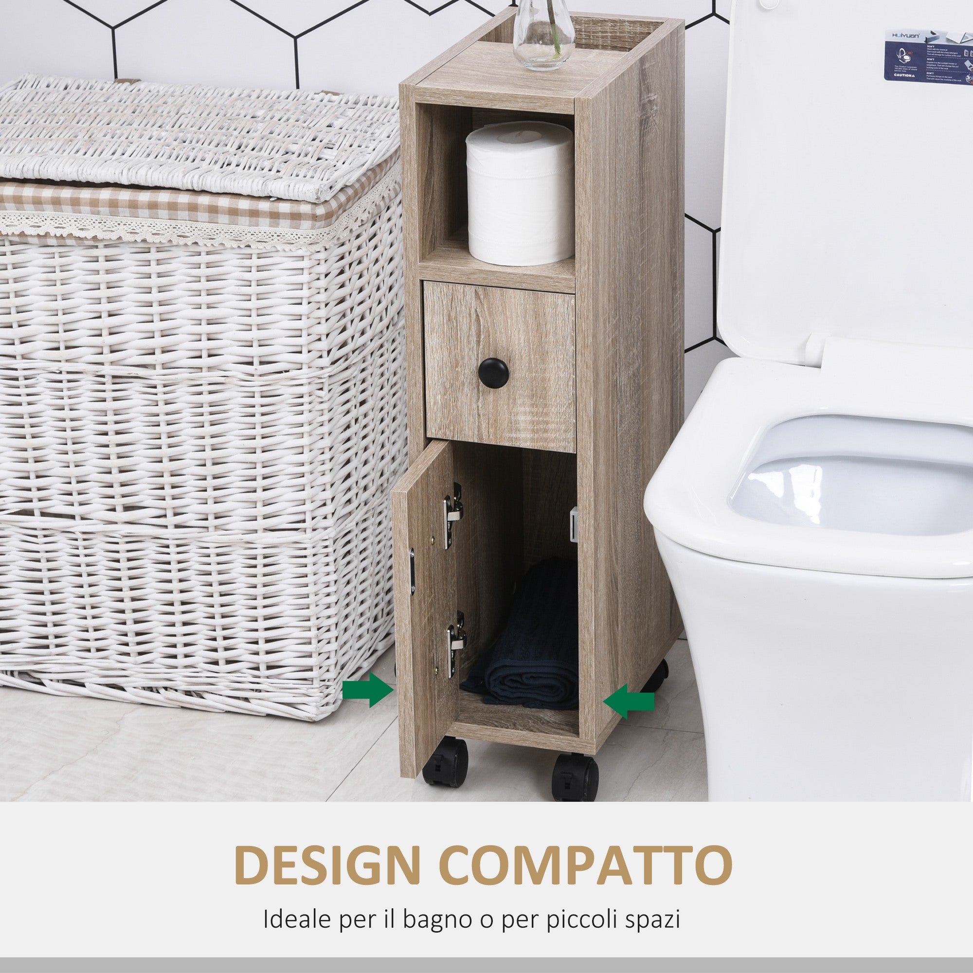 Easycomfort Armadietto da Bagno a Colonna, Mobile Bagno con 4 Ruote, 1 Cassetto 1 Armadietto con Anta 2 Armadietti Aperti, Color Rovere, 18x30x68.5 cm