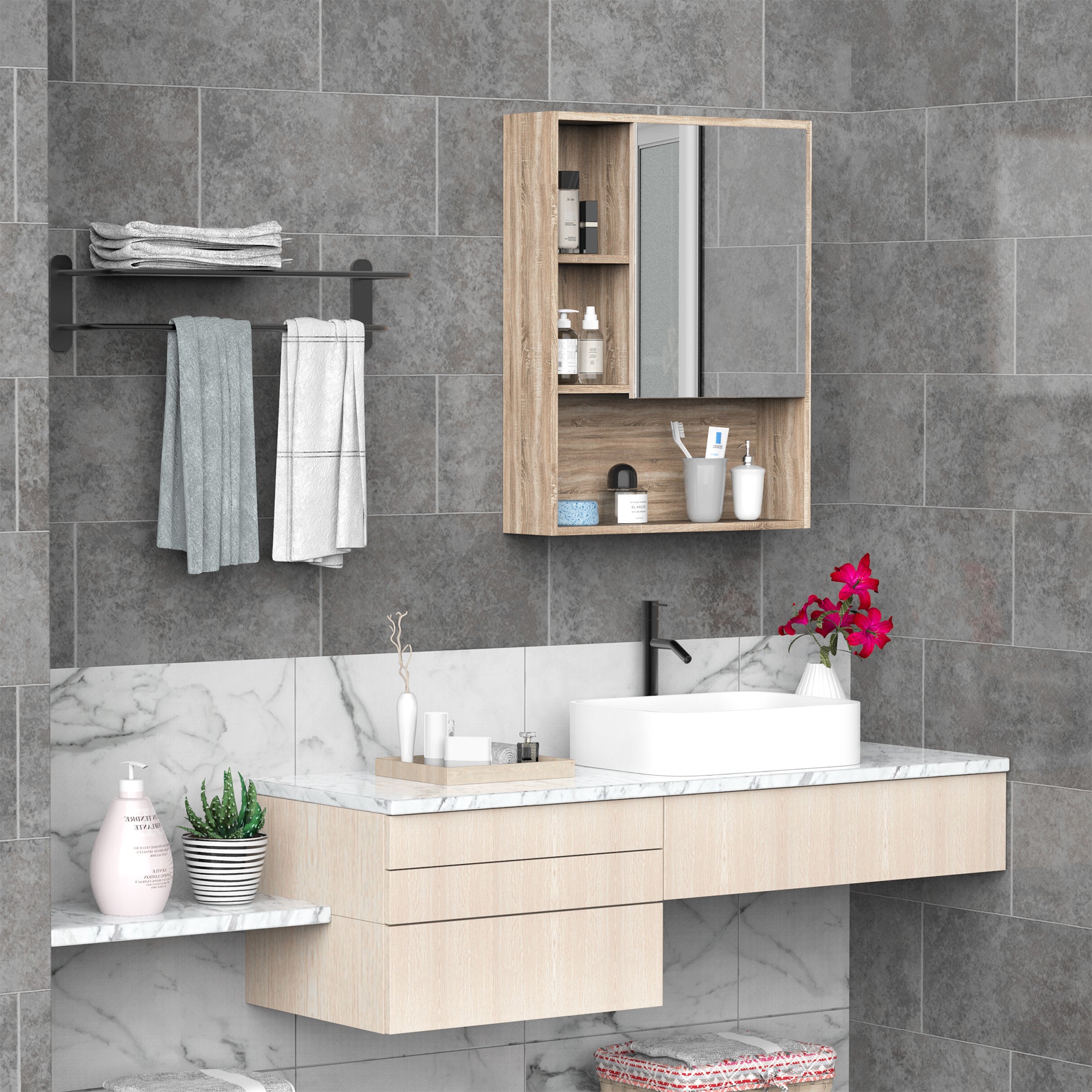 Easycomfort Armadietto Bagno a Specchio con Ripiani Regolabile, Pensile Bagno con Porta Salvaspazio, Montaggio a Parete, 60x15x76 cm, Rovere
