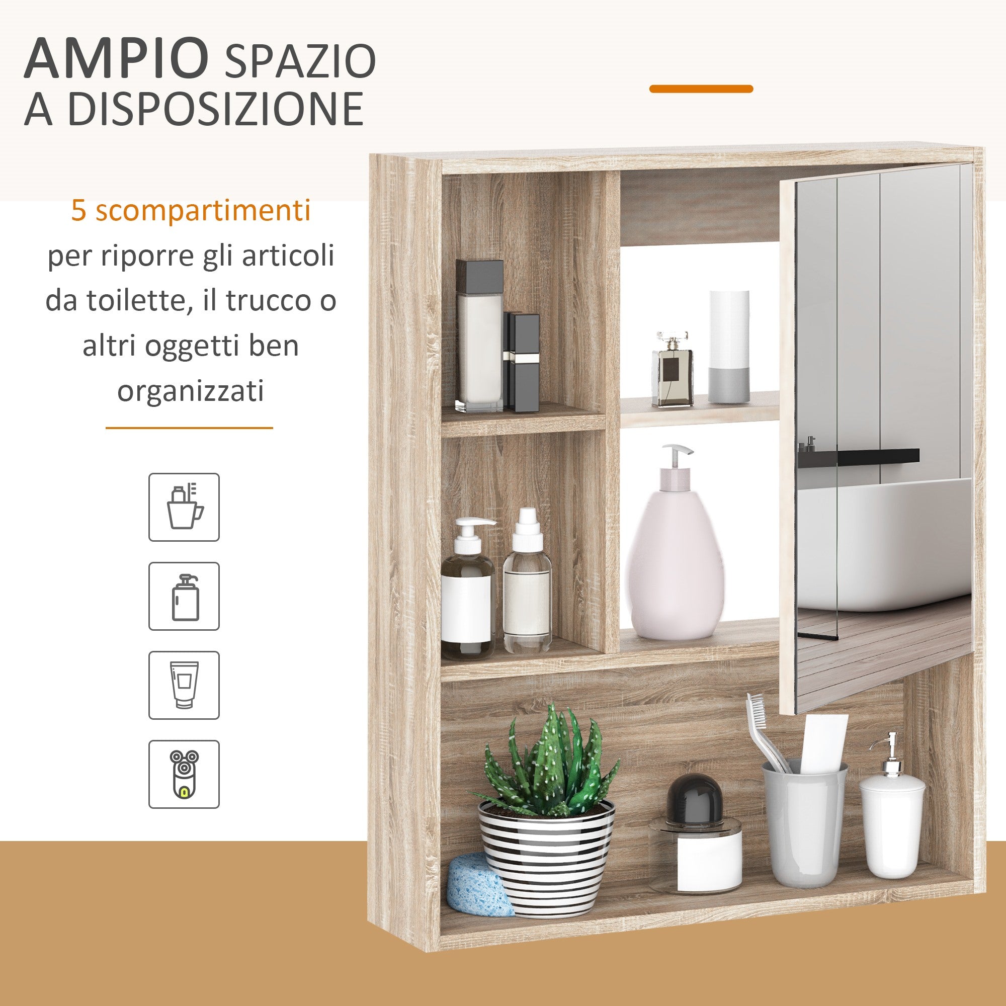 Easycomfort Armadietto Bagno a Specchio con Ripiani Regolabile, Pensile Bagno con Porta Salvaspazio, Montaggio a Parete, 60x15x76 cm, Rovere