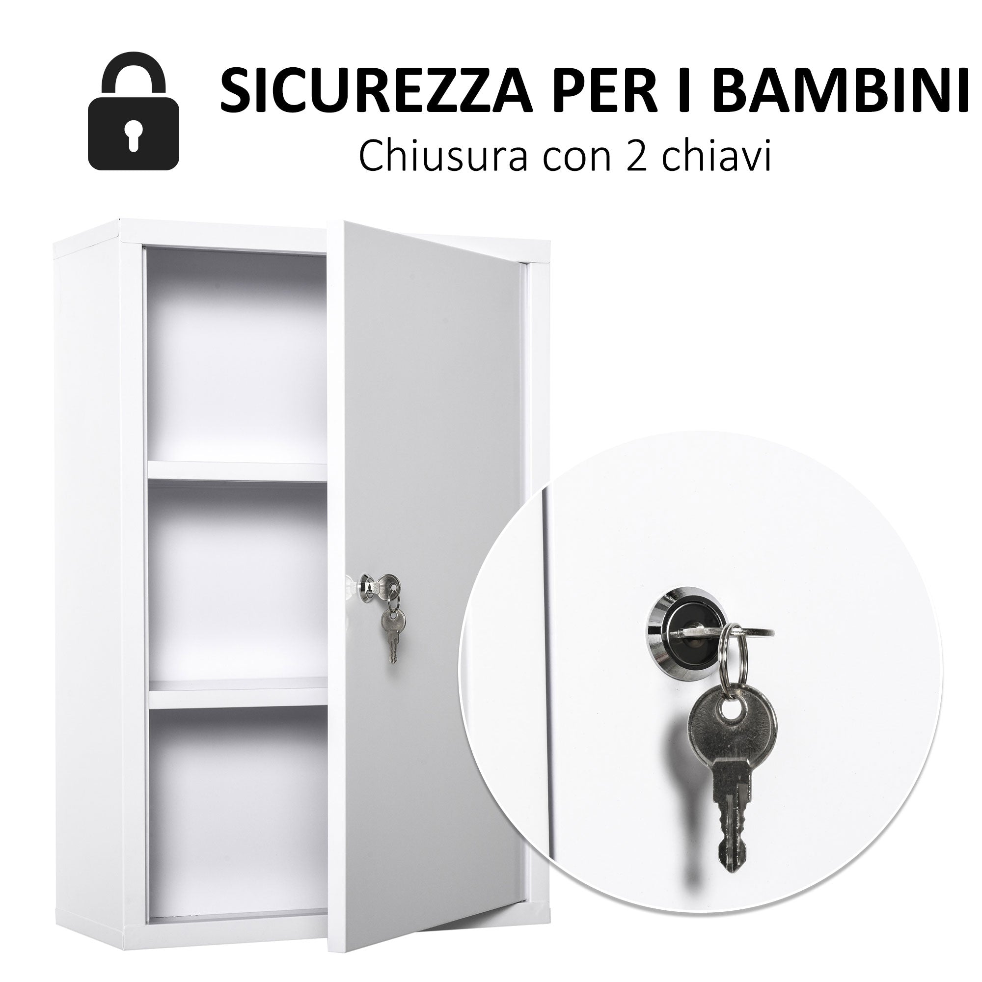 EasyComfort Armadietto Medicinali a 3 Livelli in Acciaio con 2 Chiavi e Montaggio a Parete, 40x18x60 cm, Bianco