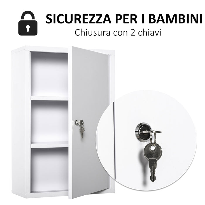 EasyComfort Armadietto Medicinali a 3 Livelli in Acciaio con 2 Chiavi e Montaggio a Parete, 40x18x60 cm, Bianco