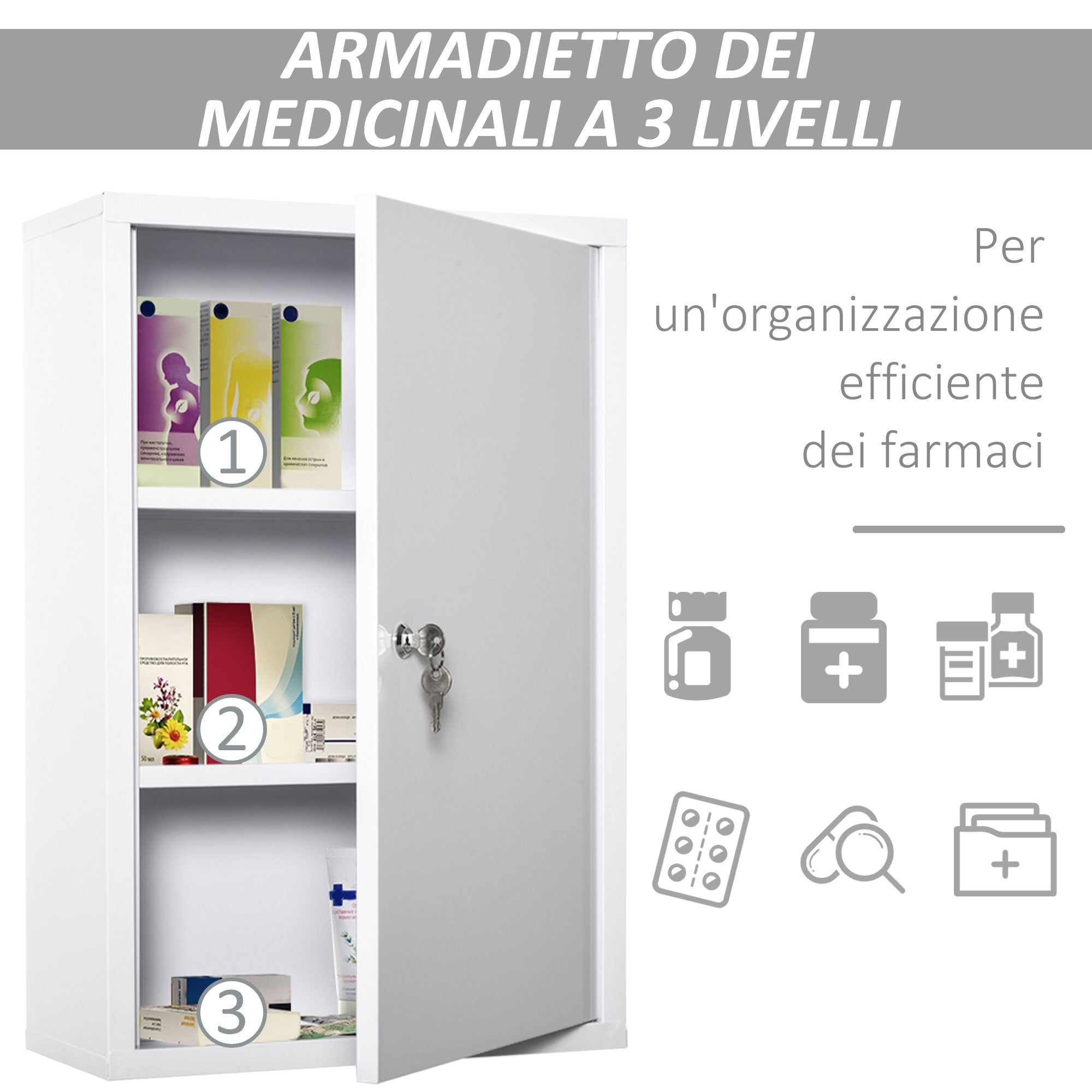 EasyComfort Armadietto Medicinali a 3 Livelli in Acciaio con 2 Chiavi e Montaggio a Parete, 40x18x60 cm, Bianco