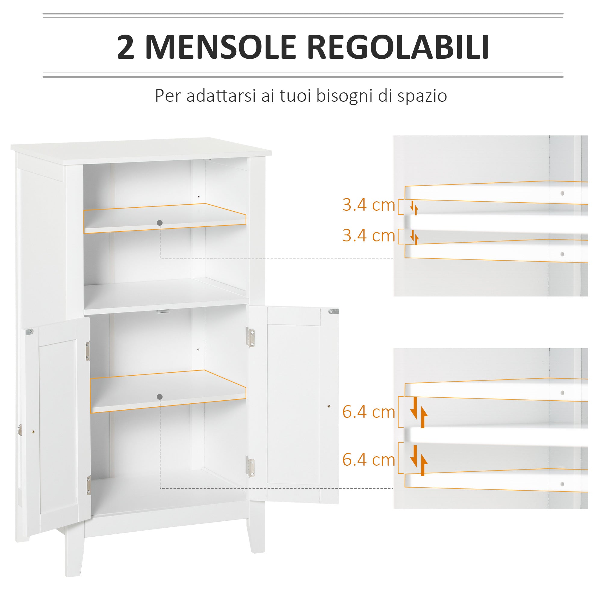 Easycomfort Mobile Bagno con Mensole Regolabili e Armadietto 2 Ante, Mobiletto Bagno Multiuso in Legno, Bianco, 50x30x93cm