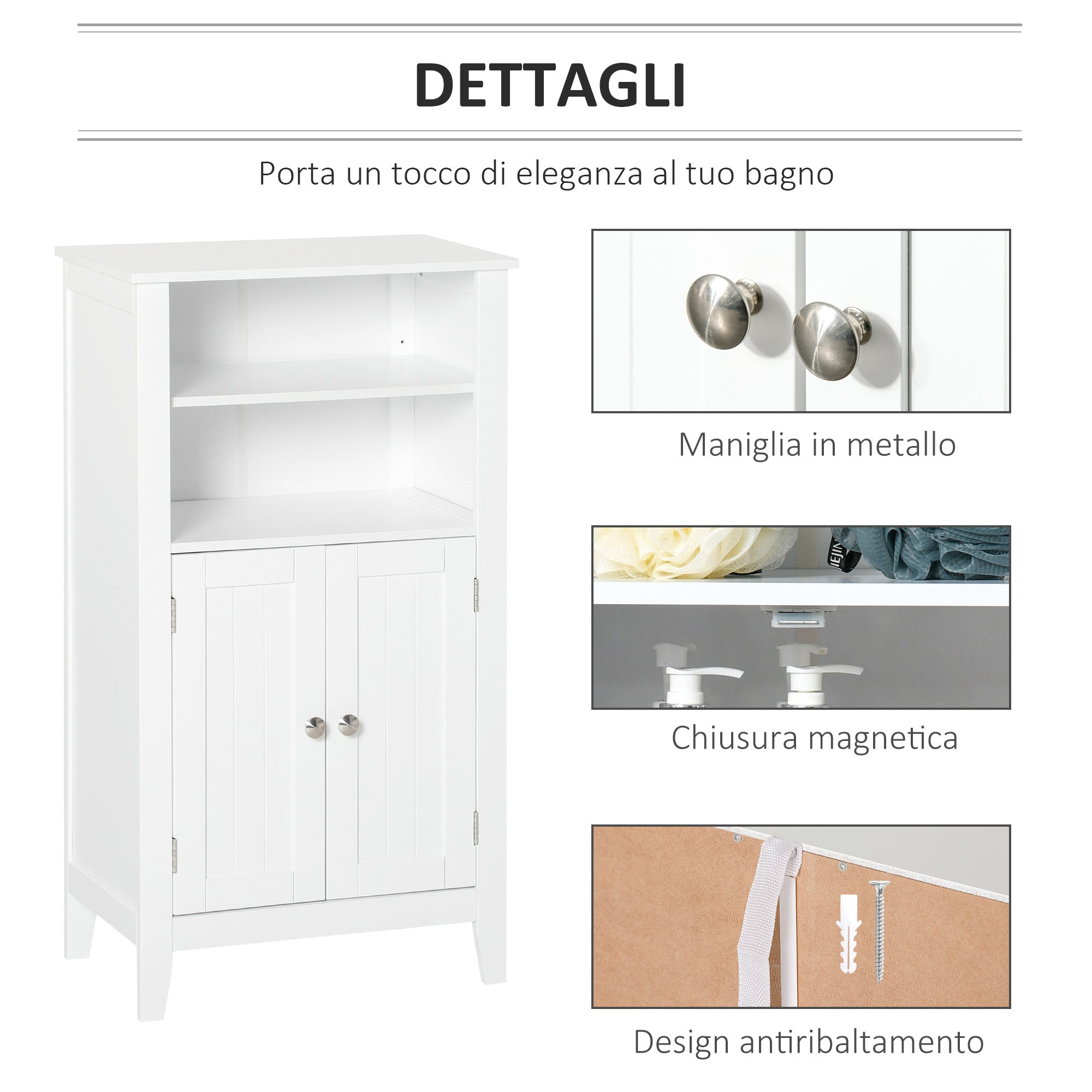 Easycomfort Mobile Bagno con Mensole Regolabili e Armadietto 2 Ante, Mobiletto Bagno Multiuso in Legno, Bianco, 50x30x93cm
