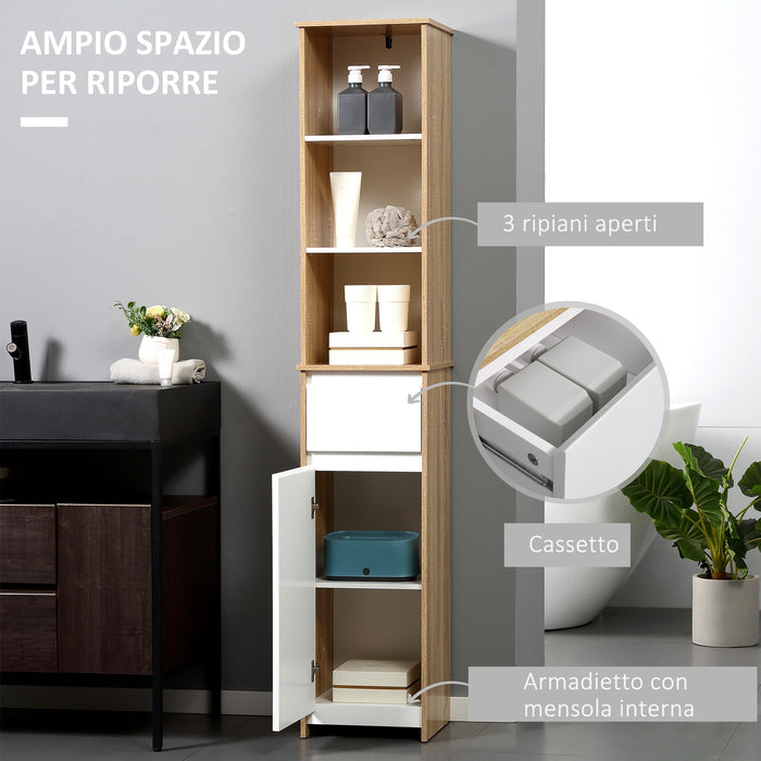 Easycomfort Scaffale Bagno Salvaspazio in Legno, Mobiletto a Colonna con Ripiani, Armadietto e Cassetto, Bianco, 32.6x30x171.2cm