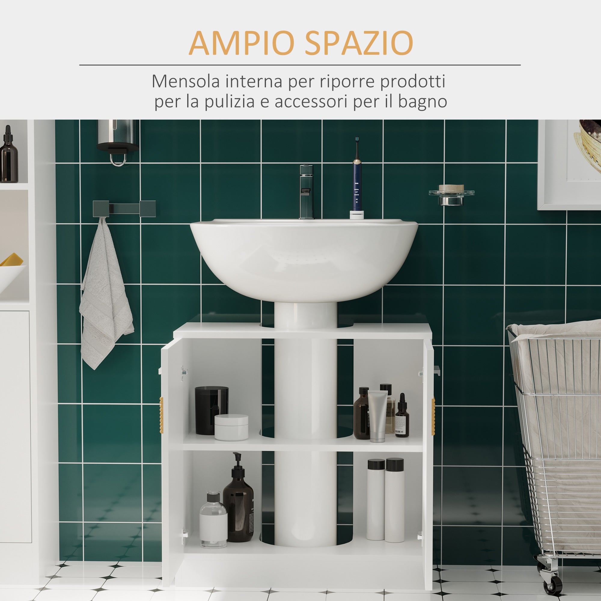 Easycomfort Mobile Sotto Lavabo Bagno con Antine in MDF e Bambù 60x30x60.5cm - Bianco e Color Legno
