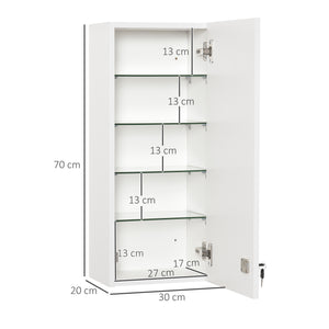 Easycomfort Armadietto Medicinali a Muro con Serratura, 5 Ripiani e Mensole Regolabili, in Legno e Vetro, Bianco, 30x20x70cm