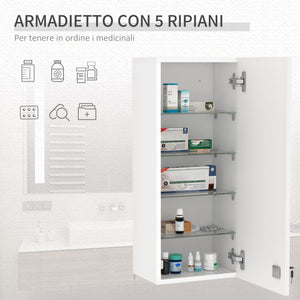 Easycomfort Armadietto Medicinali a Muro con Serratura, 5 Ripiani e Mensole Regolabili, in Legno e Vetro, Bianco, 30x20x70cm