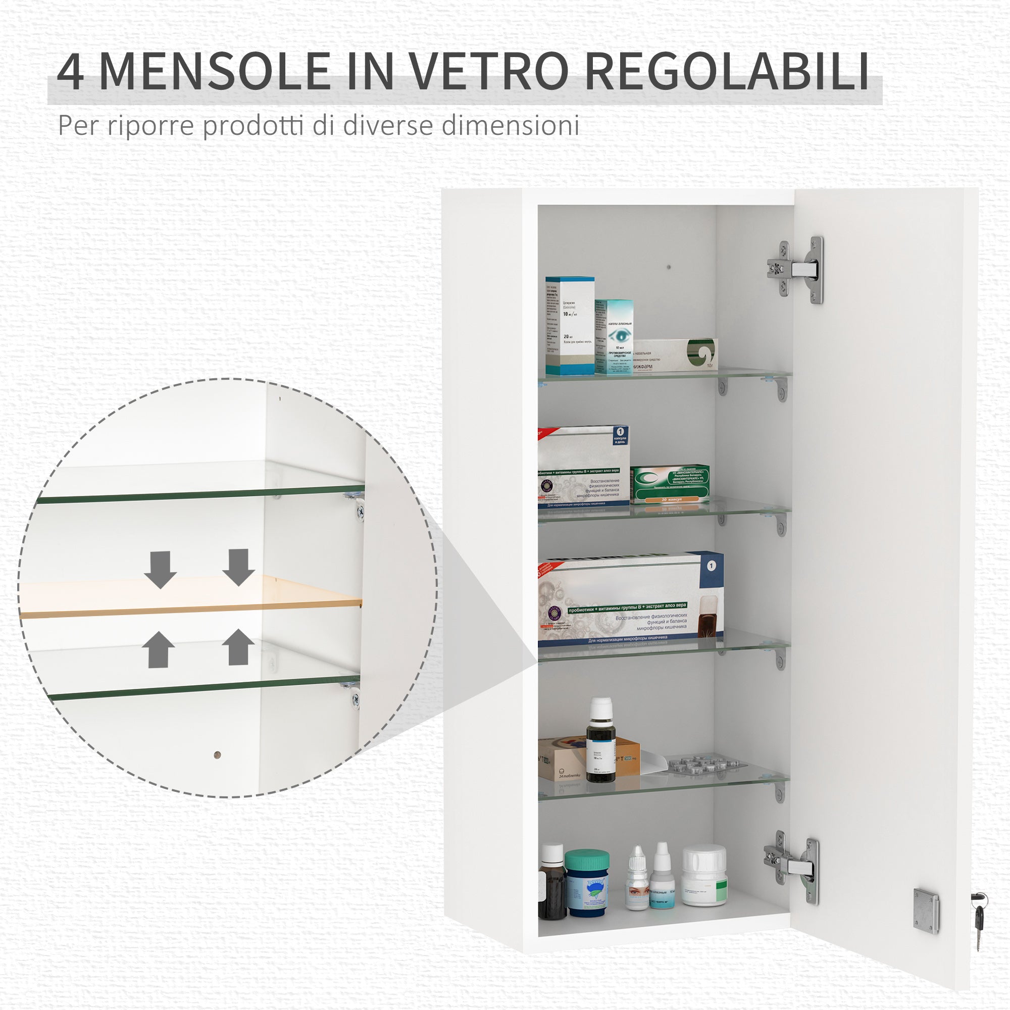 Easycomfort Armadietto Medicinali a Muro con Serratura, 5 Ripiani e Mensole Regolabili, in Legno e Vetro, Bianco, 30x20x70cm