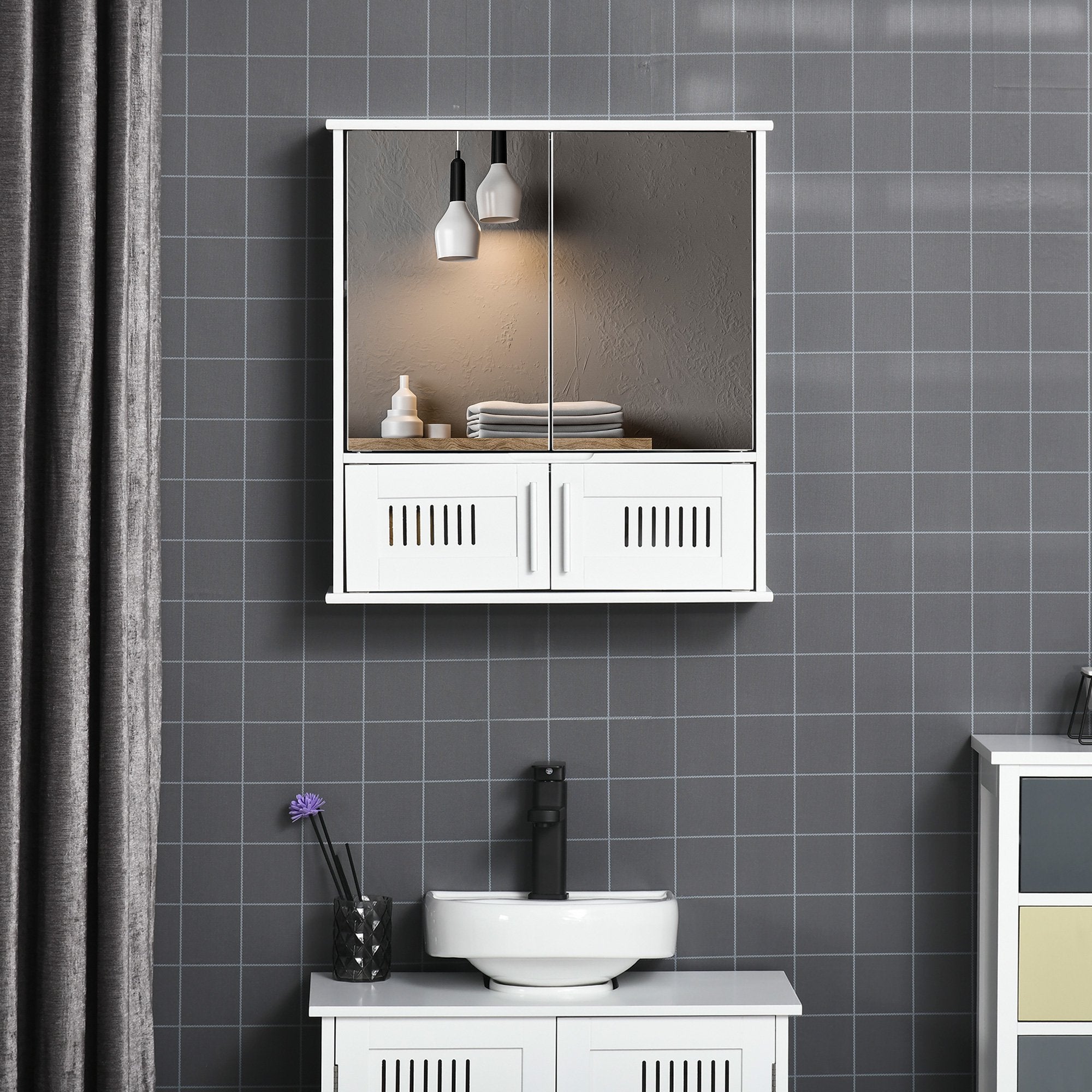 Easycomfort Mobiletto Bagno Pensile con Antine a Specchio, 55x17.5x60cm - Bianco