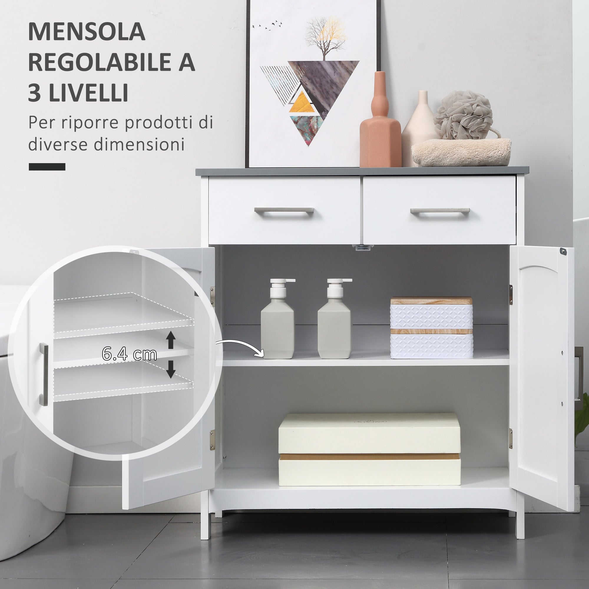 Easycomfort Mobiletto Bagno con 2 Ante, 2 Cassetti e Ripiano Regolabile, in MDF, 68x33x76cm