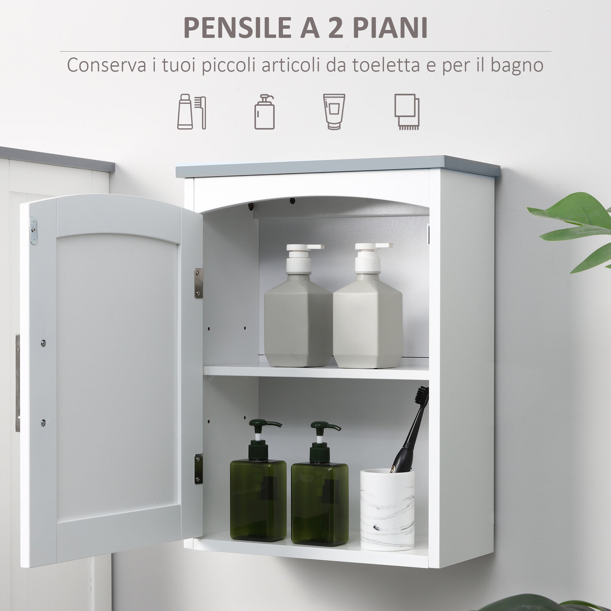 Easycomfort Mobile Pensile Bagno a un'Anta con Mensola Regolabile, 41x18.5x52cm, Bianco e Grigio