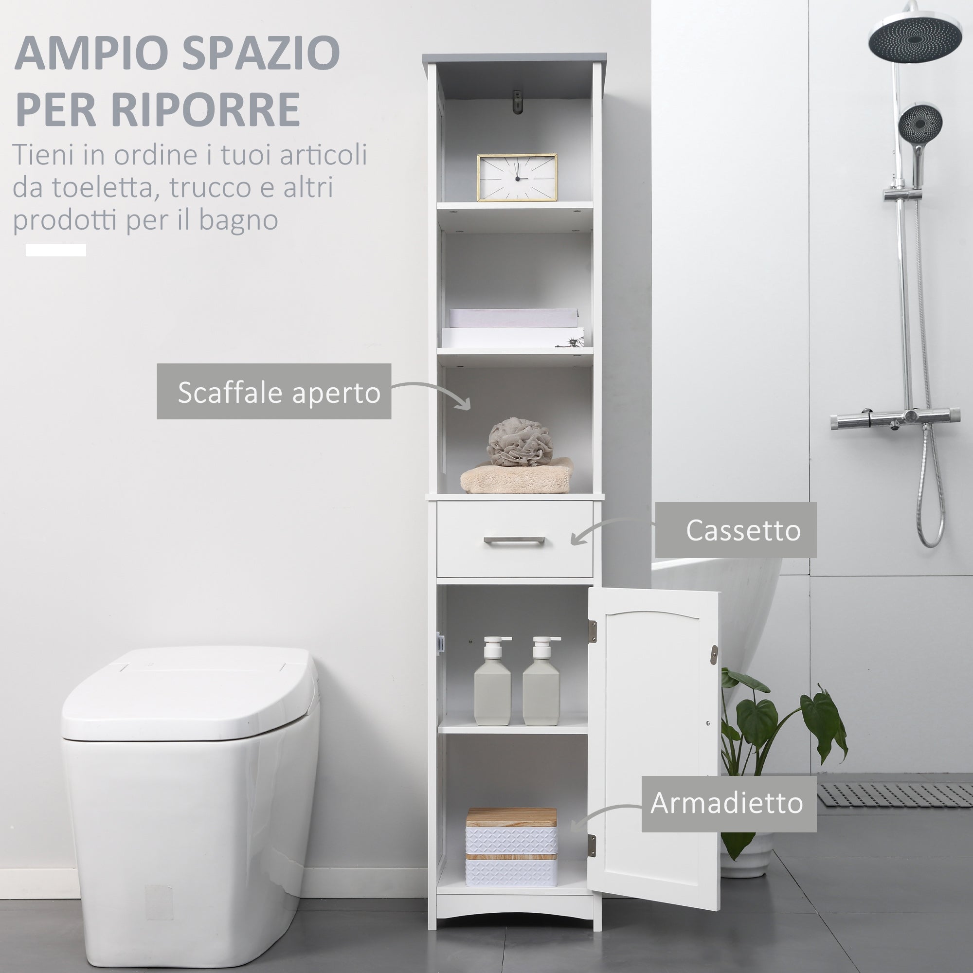 Easycomfort Armadietto Bagno con Scaffale a 3 Livelli, 1 Cassetto e 1 Mobiletto, 34x30x163cm