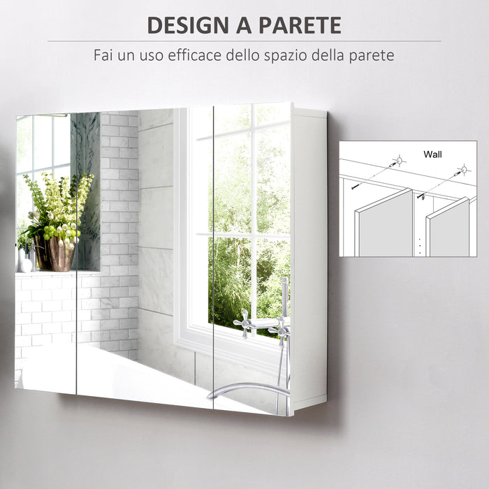 EASYCOMFORT Armadietto Bagno con 3 Ante Specchiate e Ripiani Regolabili, 70x15x60cm, Bianco