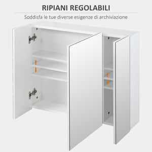 EASYCOMFORT Armadietto Bagno con 3 Ante Specchiate e Ripiani Regolabili, 70x15x60cm, Bianco