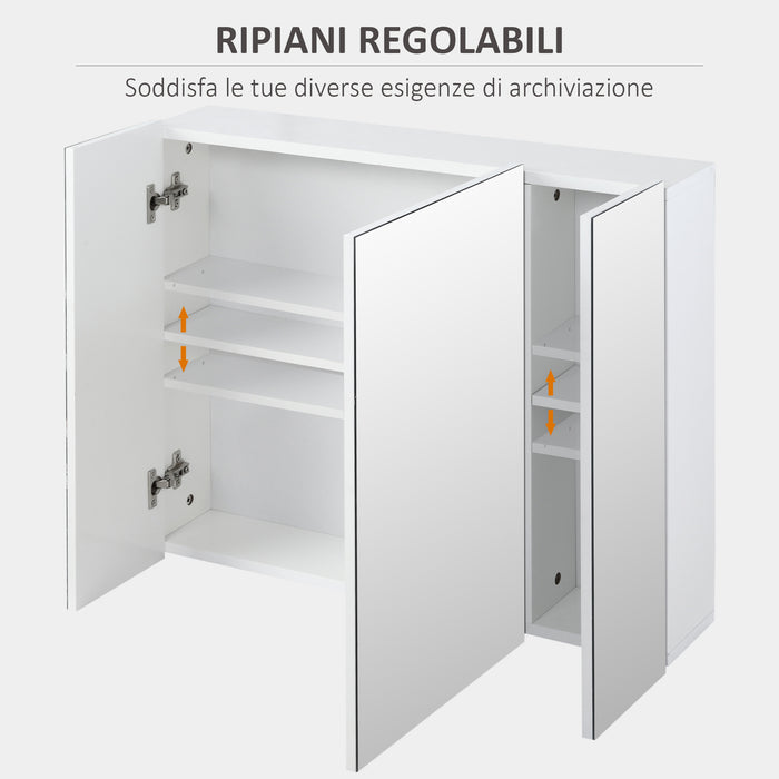 EASYCOMFORT Armadietto Bagno con 3 Ante Specchiate e Ripiani Regolabili, 70x15x60cm, Bianco