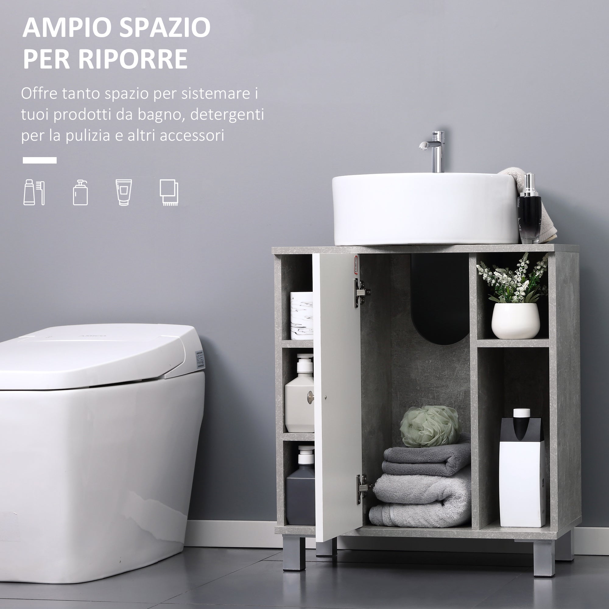 Easycomfort Mobiletto Sottolavandino con Intaglio a U e 6 Ripiani in Legno, 60x30x68cm - Bianco, Grigio