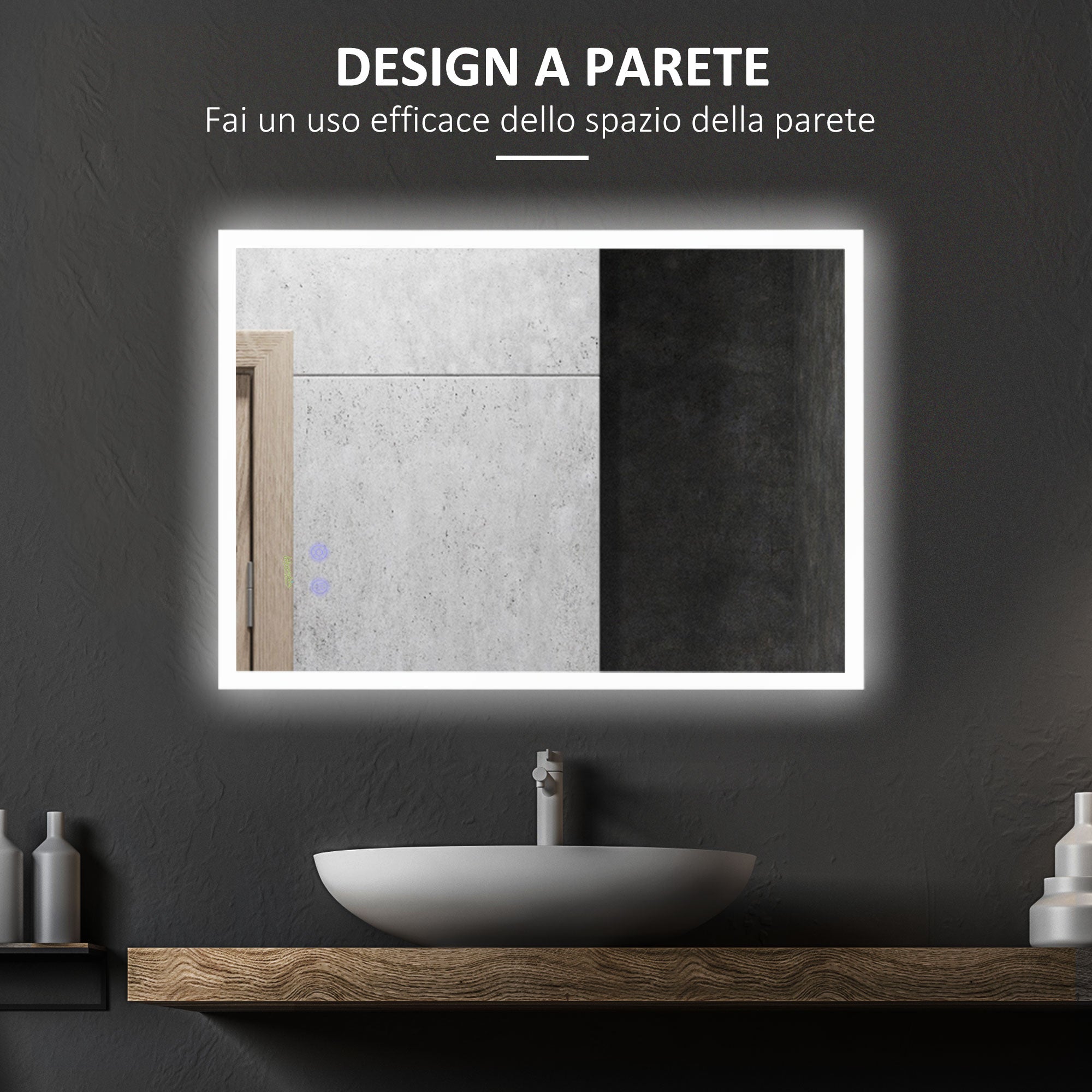 EasyComfort Specchio Bagno con Luce LED, Funzione Anti-Appannamento e Tasti Touch, 70x50cm, Argento
