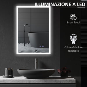 EasyComfort Specchio Bagno con Luce LED, Funzione Anti-Appannamento e Tasti Touch, 70x50cm, Argento