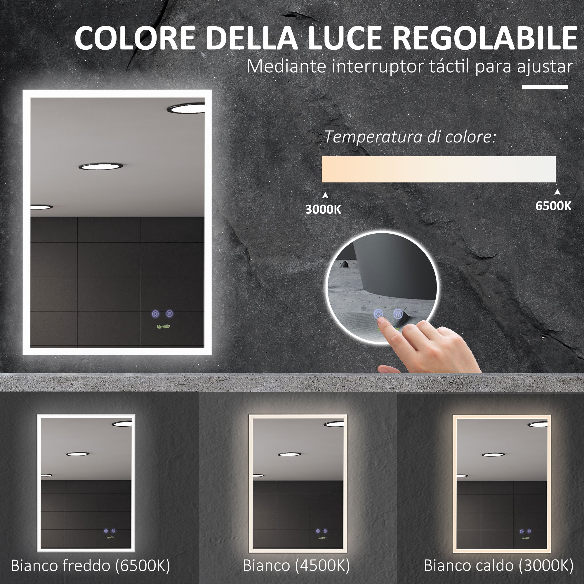 EasyComfort Specchio Bagno con Luce LED, Funzione Anti-Appannamento e Tasti Touch, 70x50cm, Argento