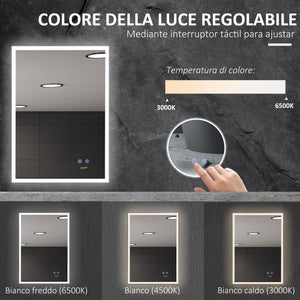EasyComfort Specchio Bagno con Luce LED, Funzione Anti-Appannamento e Tasti Touch, 70x50cm, Argento