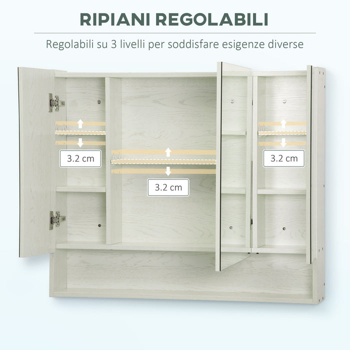 EasyComfort Armadietto a Specchio per Bagno con Ripiani Regolabili, 3 Porte e Credenze, 90x15x75cm
