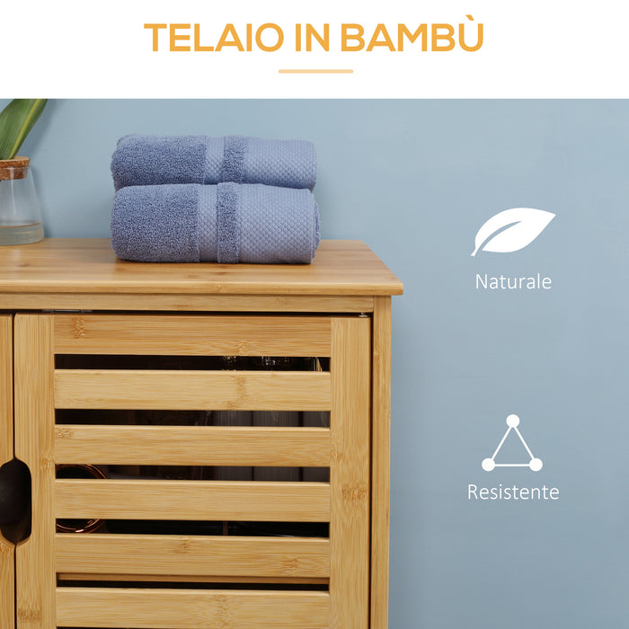 Easycomfort Mobile Bagno Moderno a 2 Ante con 2 Ripiani Ventilati in Bambù, 68x32x86 cm, color Legno