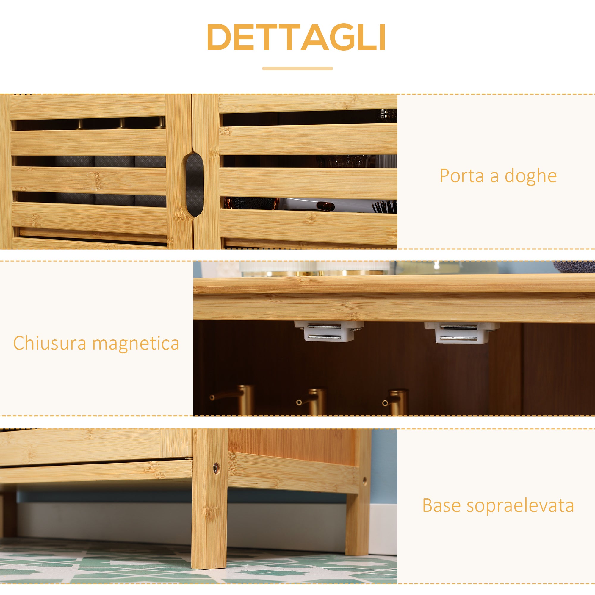 Easycomfort Mobile Bagno Moderno a 2 Ante con 2 Ripiani Ventilati in Bambù, 68x32x86 cm, color Legno