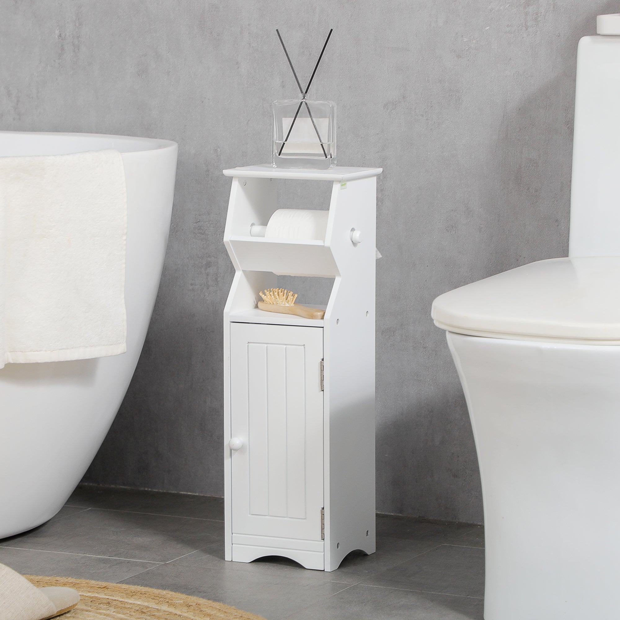 EasyComfort Mobiletto da Bagno in MDF Bianco con Armadietto e Spazio per Carta Igienica, 19x15x56 cm