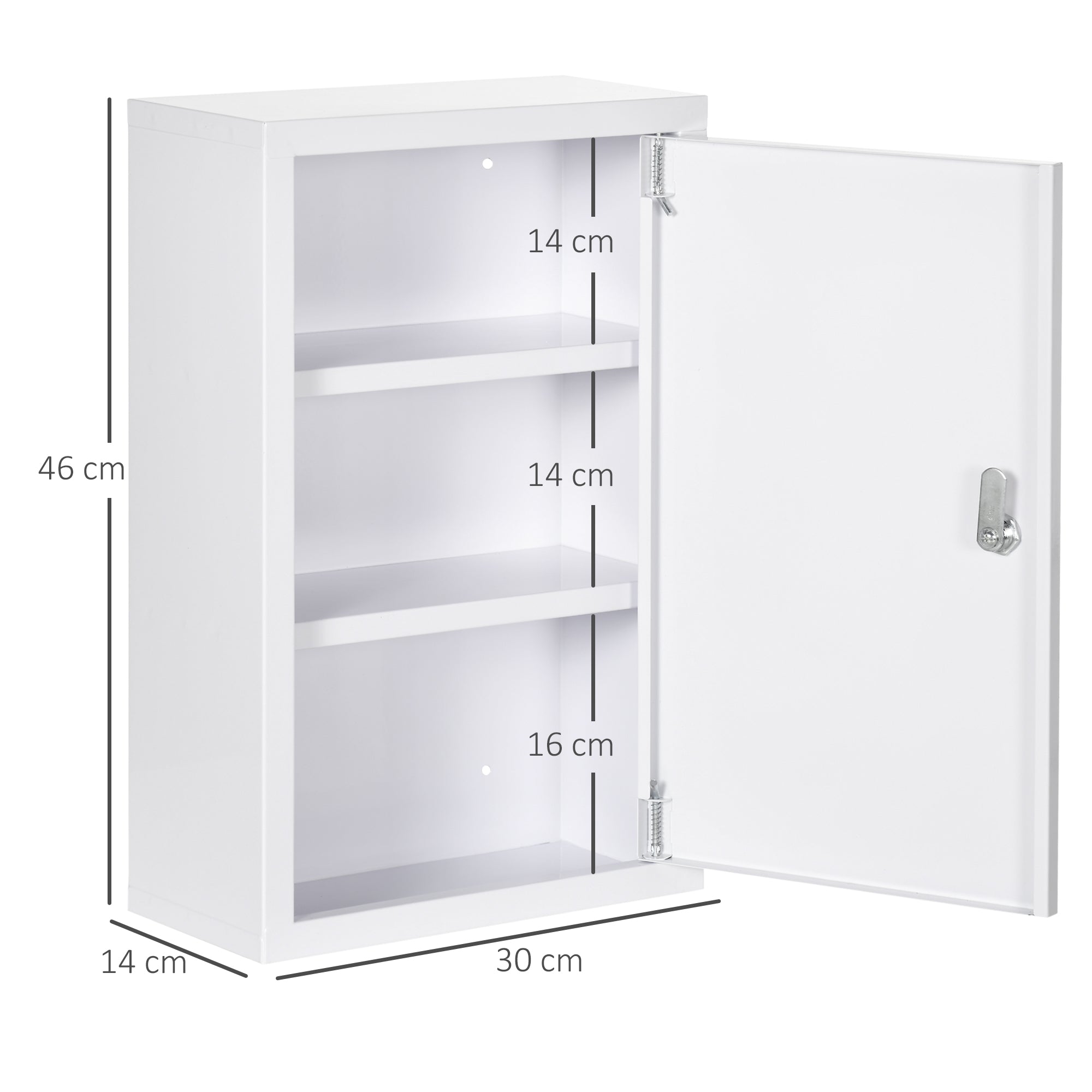 EasyComfort Armadietto Medicinali a 3 Ripiani in Acciaio Inox con 2 Chiavi e Montaggio a Parete, 30x14x46 cm, Bianco