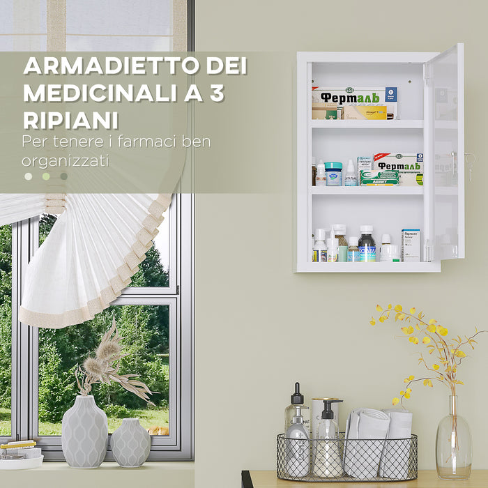 EasyComfort Armadietto Medicinali a 3 Ripiani in Acciaio Inox con 2 Chiavi e Montaggio a Parete, 30x14x46 cm, Bianco